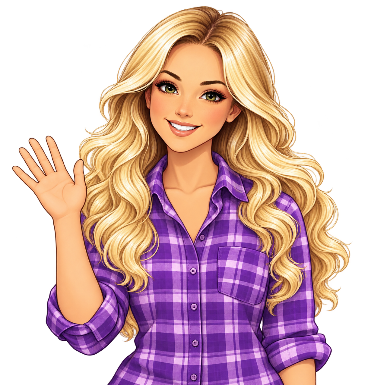 Smiling blonde CrazyBlond character in a purple plaid shirt, facing forward and waving hello